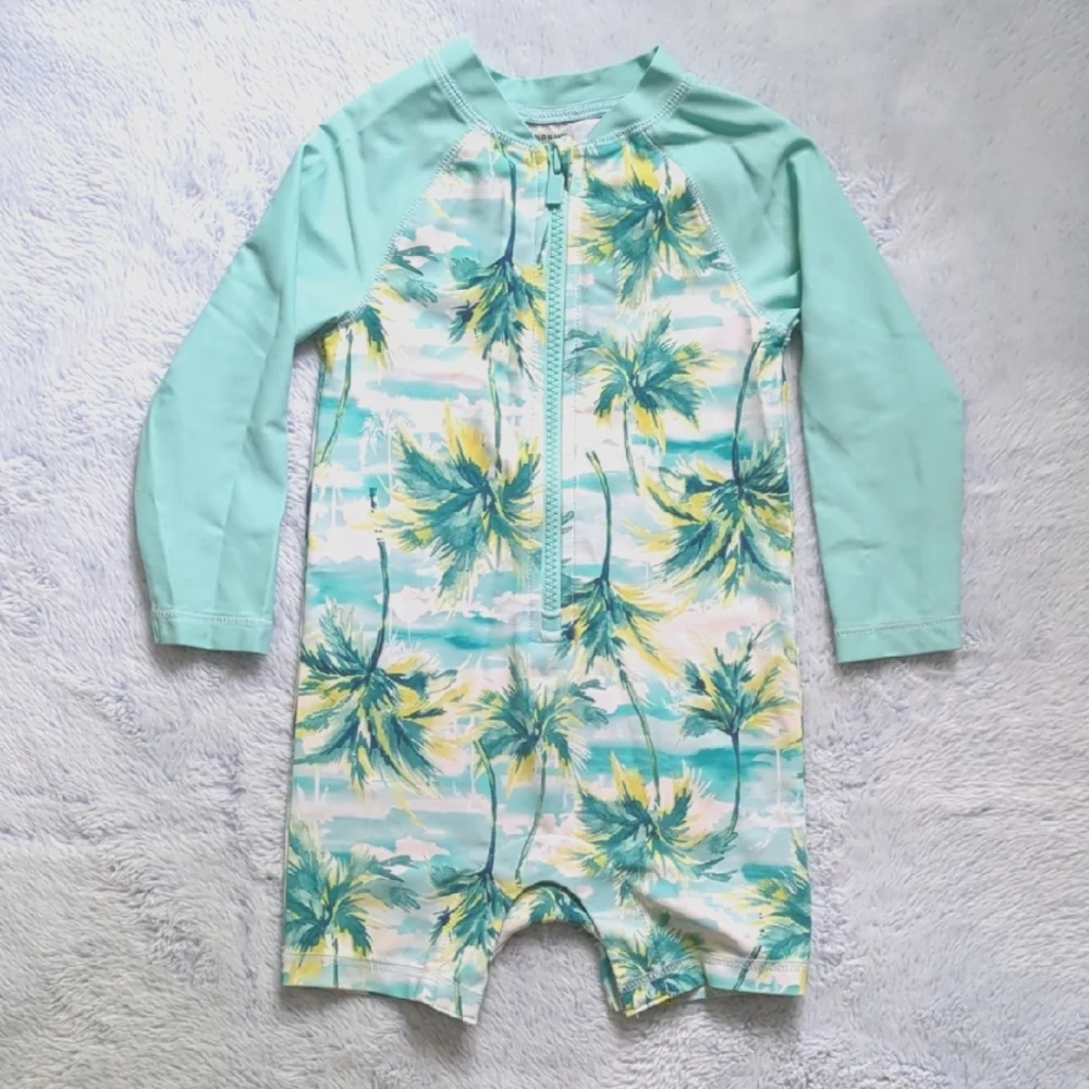 EUC 18-24M Old Navy Zip Front Long Sleeve Rash Guard Swimsuit 🌴 Tropical Palm